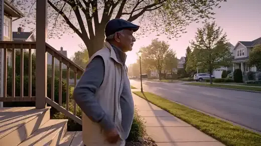 A man in his late sixties zipping his jacket at the foot of his porch steps at dawn, before a morning walk