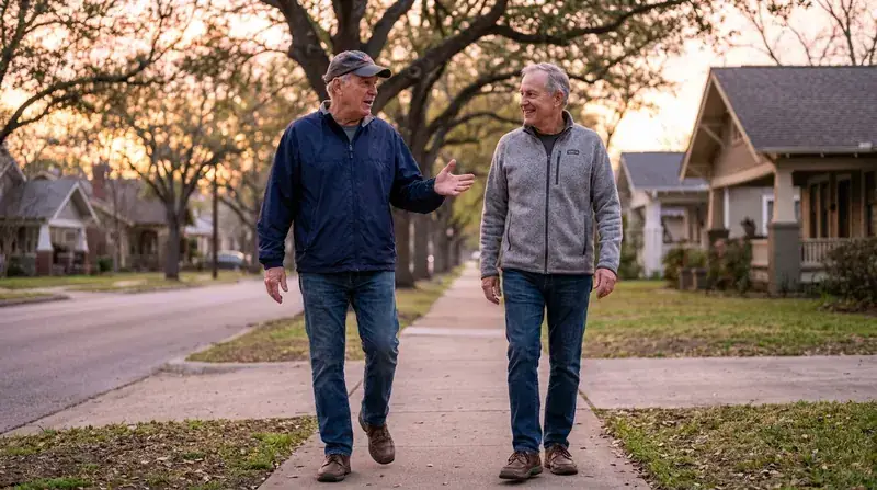 Two men in their late sixties talking as they walk side by side down a quiet street at dawn