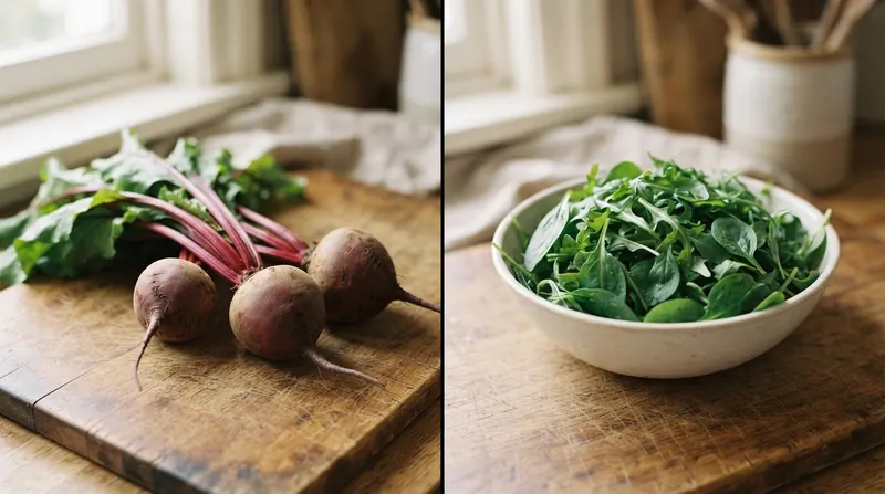 A split image with whole beets on a cutting board on the left and a bowl of rocket and spinach leaves on the right