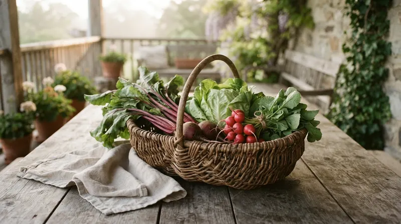 A wicker basket of fresh beets with their greens, a head of lettuce and radishes on a porch table in morning light
