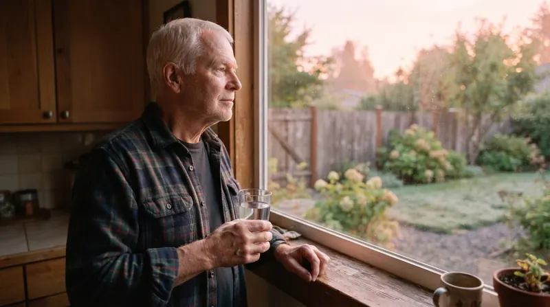 A man around seventy standing at his kitchen window at dawn with a glass of water