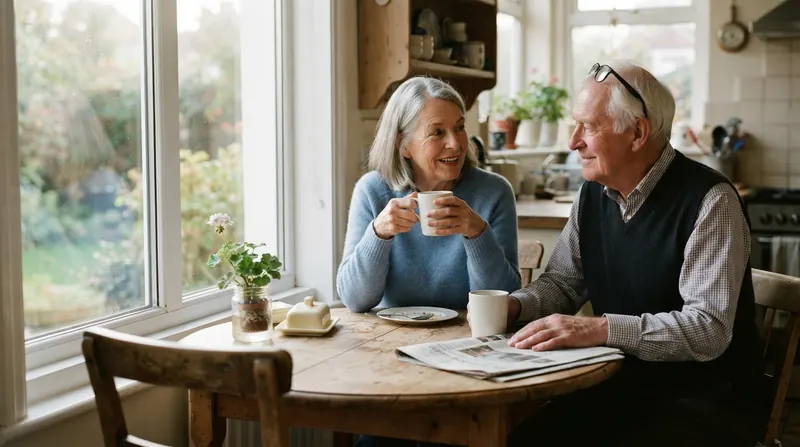 An older married couple talking over morning coffee at a kitchen table by a window