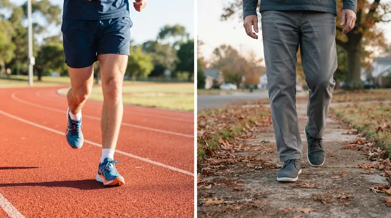 A split image with a young man's running shoes on a track on the left and an older man's walking shoes on a leafy sidewalk on the right