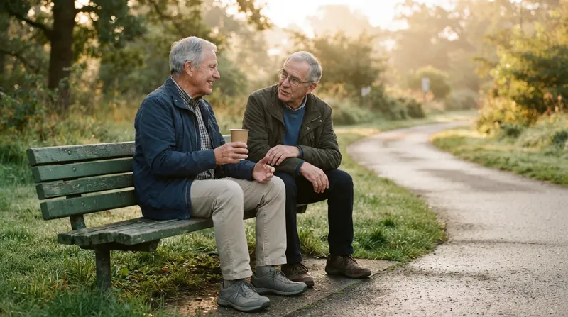Two men around 70 talking on a park bench beside a walking path just after sunrise