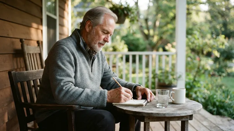 A man in his late sixties writing a line in a small notebook at a porch table in the early morning