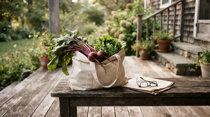 A canvas market bag with beets and lettuce on a porch bench beside a folded newspaper and reading glasses