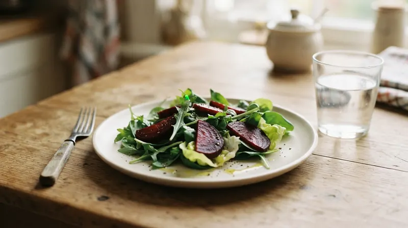 A plate of rocket, spinach and lettuce with a few slices of roasted beet, beside a glass of water