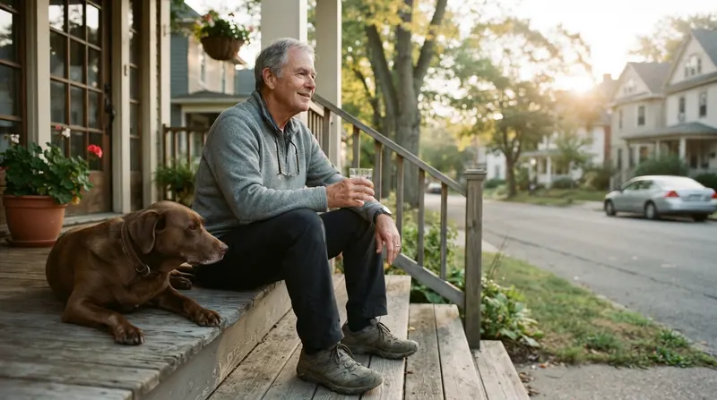 A man in his late sixties resting on his porch steps after a morning walk, with a glass of water and his dog