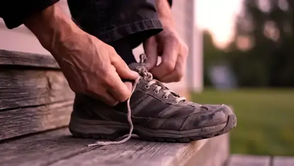 An older man's hands tying the laces of a worn walking shoe on a porch step at dawn
