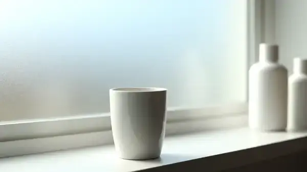 An older man's hand placing a toothbrush into a white ceramic cup on a bathroom shelf in morning light