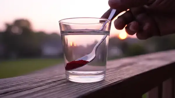 An older man's hand stirring a teaspoon of red powder into a glass of water on a porch railing at sunrise