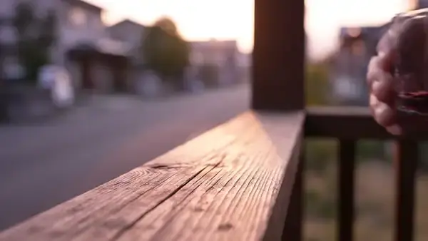An older man's hand setting an empty glass with a faint red film at the bottom on a porch railing at sunrise