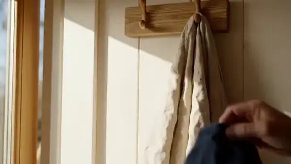 An older man's hand hanging a navy cap on a wall hook by the front door after a morning walk